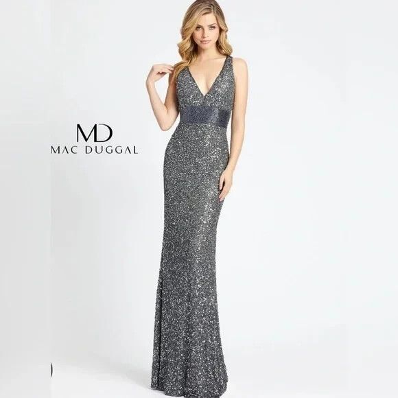 Mac Duggal 4930 L Empire Waist V-Neck Sequin‎ Cocktail Sleeveless Gown GRAY Sz 0 - Picture 1 of 7